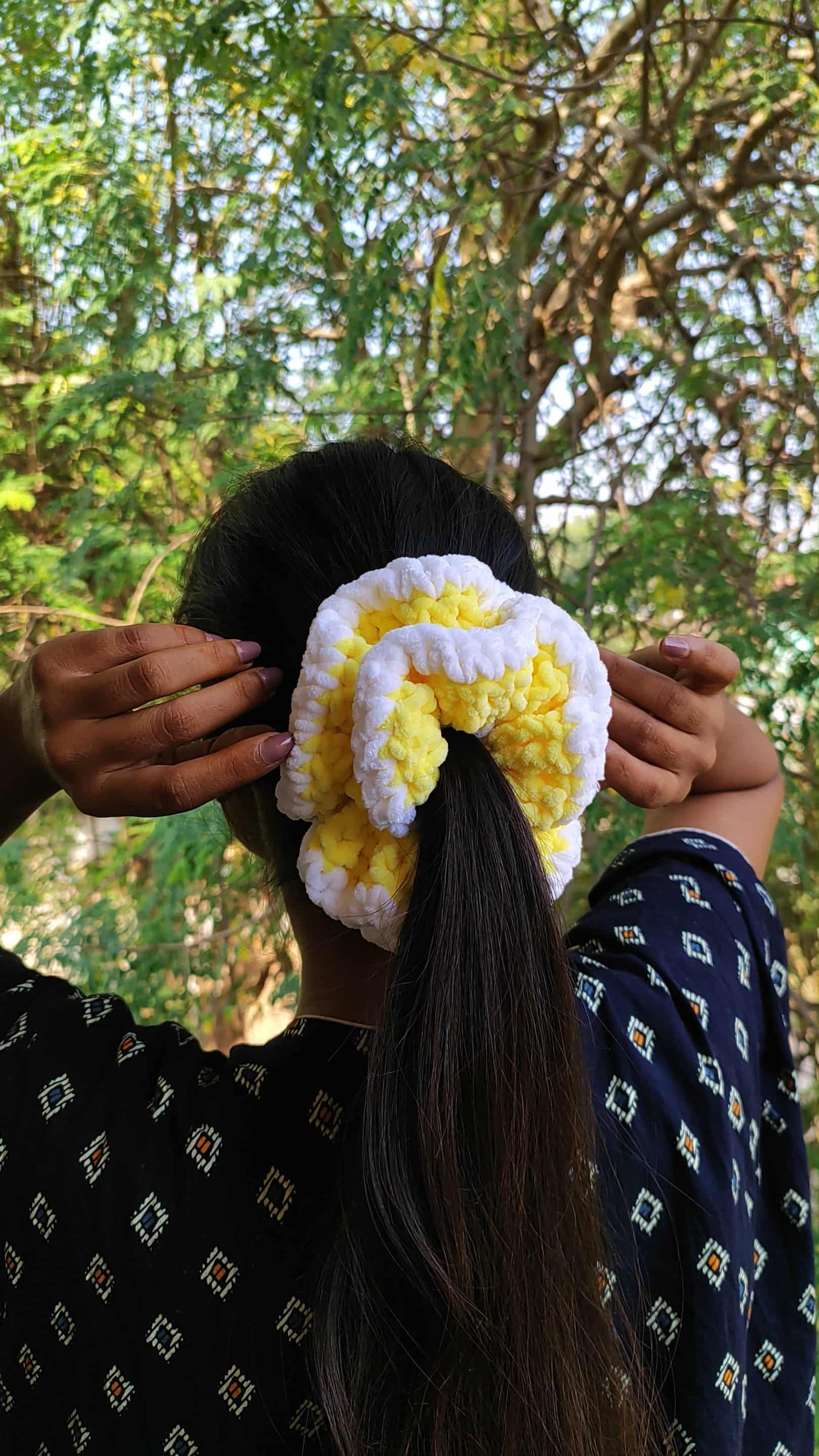 Sun-set yellow crochet srunchie